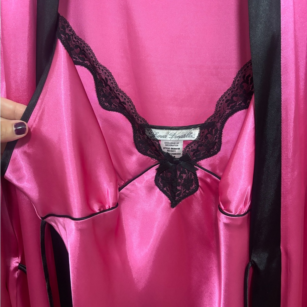 Linea Donatella Hot Pink Satin Chemise with Black Lace & Matching Robe *no belt